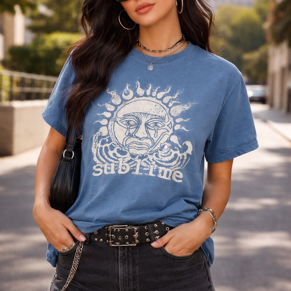 Sublime Graphic Band Tee Blue Retro Sun Logo T-Shirt Surfer Skater Grunge Medium